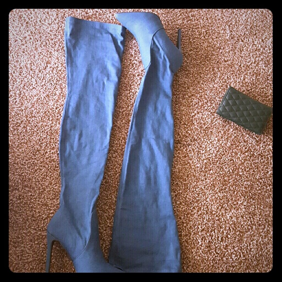 Blue Wash Denim Thigh High Boots - Picture 1 of 1