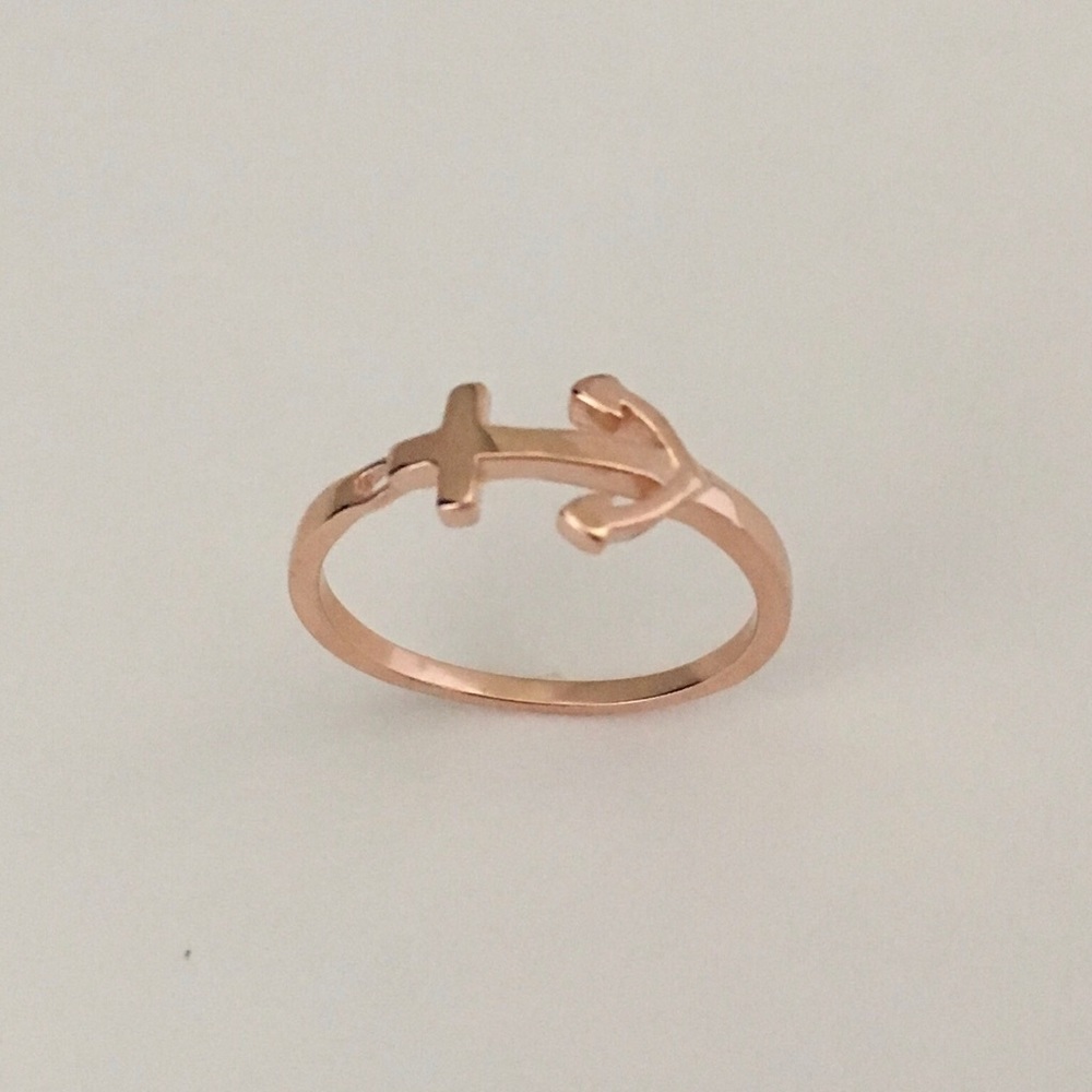 Rose Gold Plated Sterling Silver Anchor Ring, Silverer Rings, Boat Ring, Cross