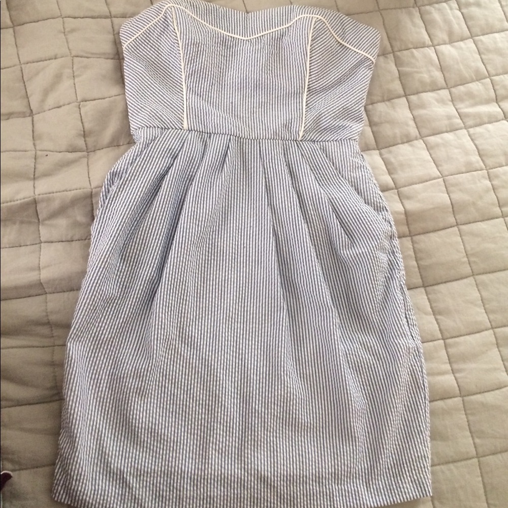 Seersucker light blue strapless dress