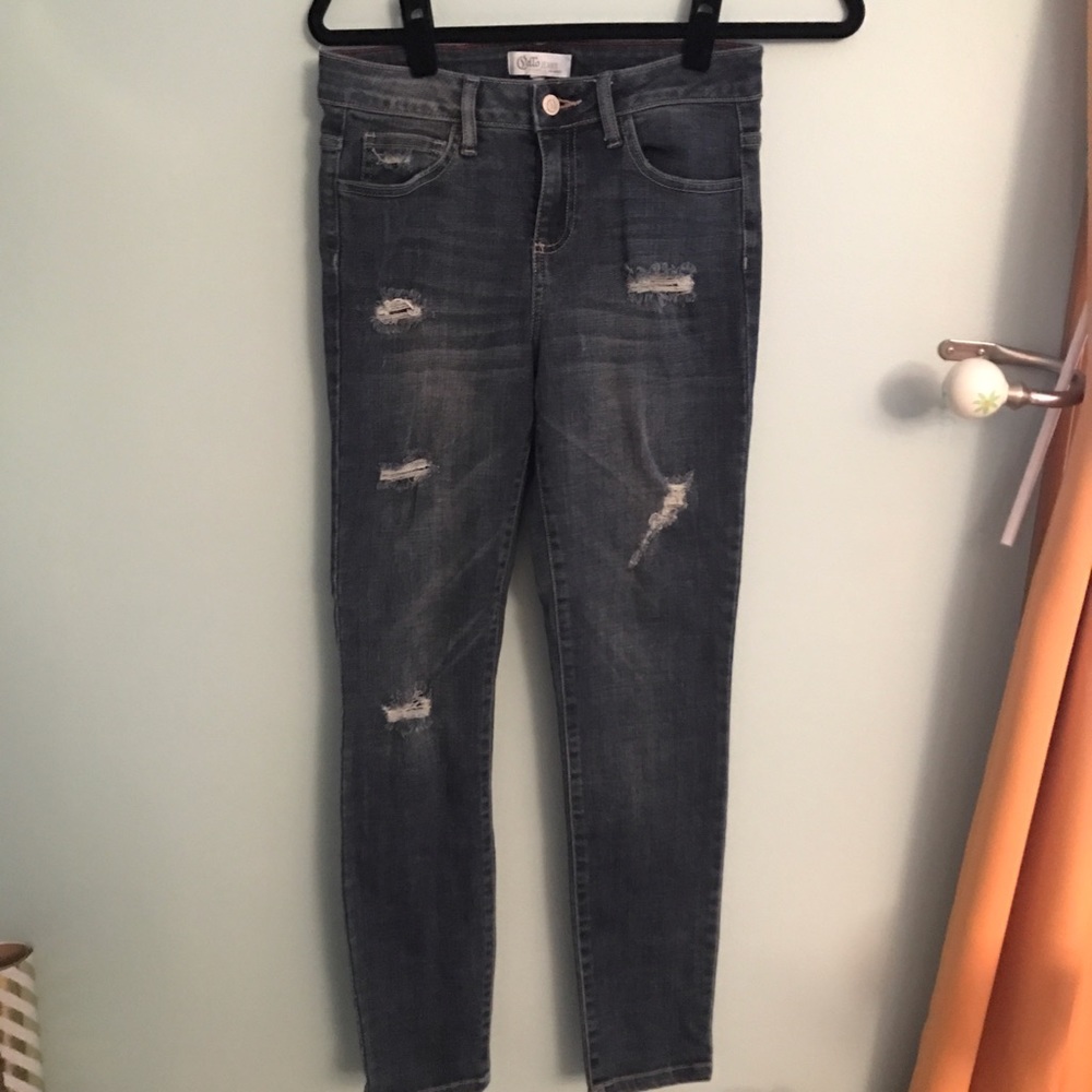 cello designer skinny distressed jeans dark wash