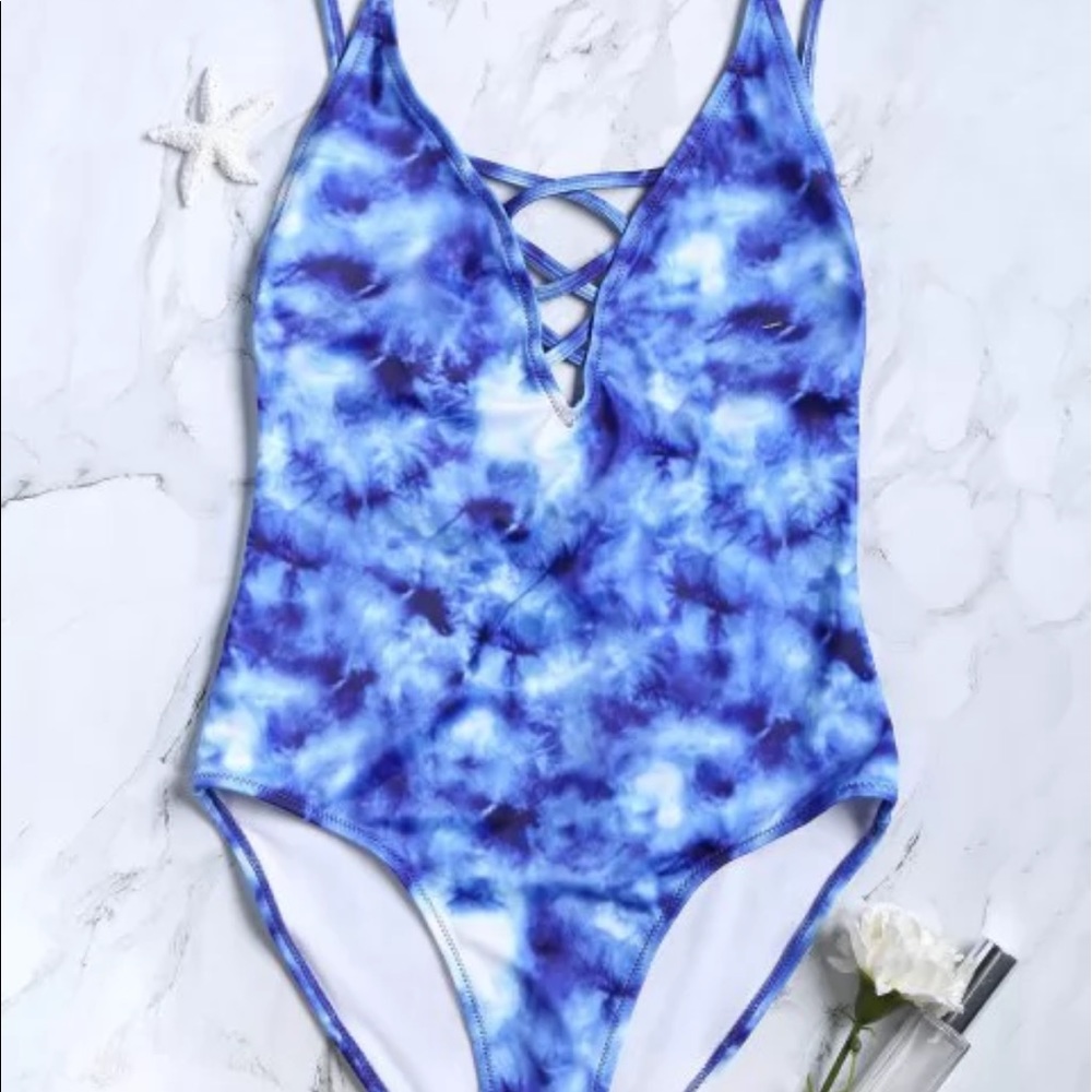 blue tie dye one piece bathing suit