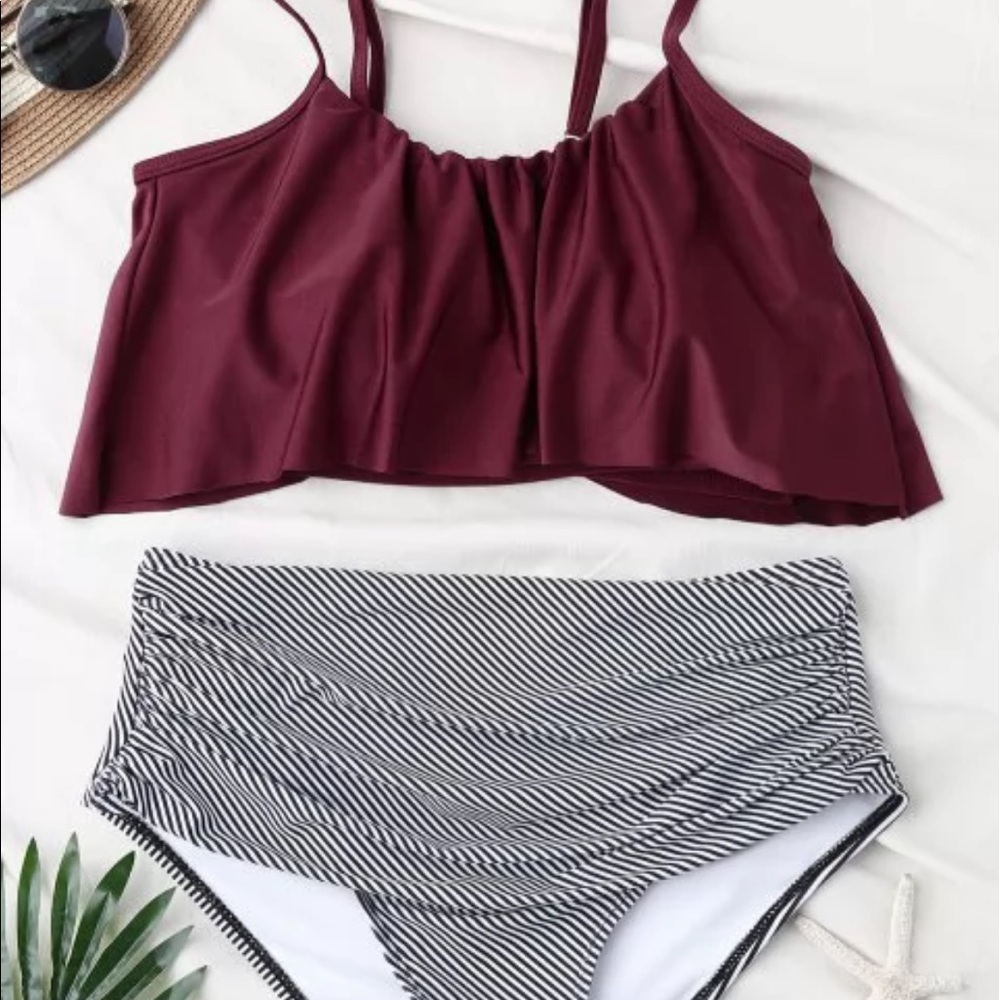 burgundy and stripes high waisted bikini