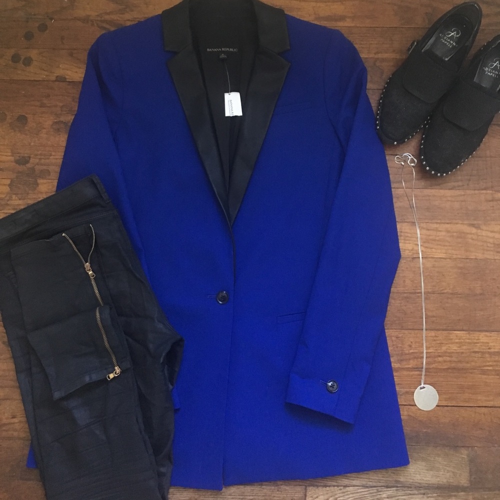 Blue Blazer with faux leather collar