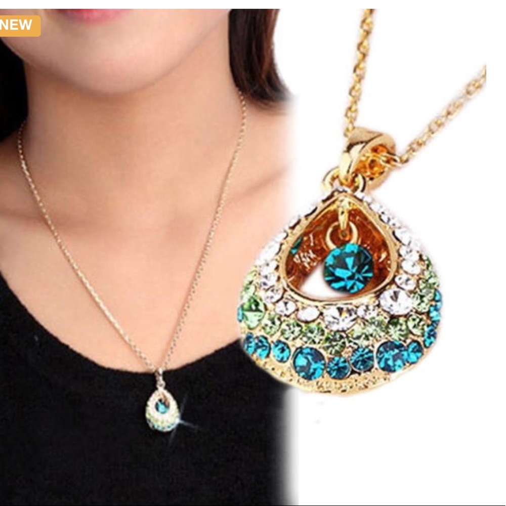 Teal Blue & Green CZ Yellow Gold Filled Necklace