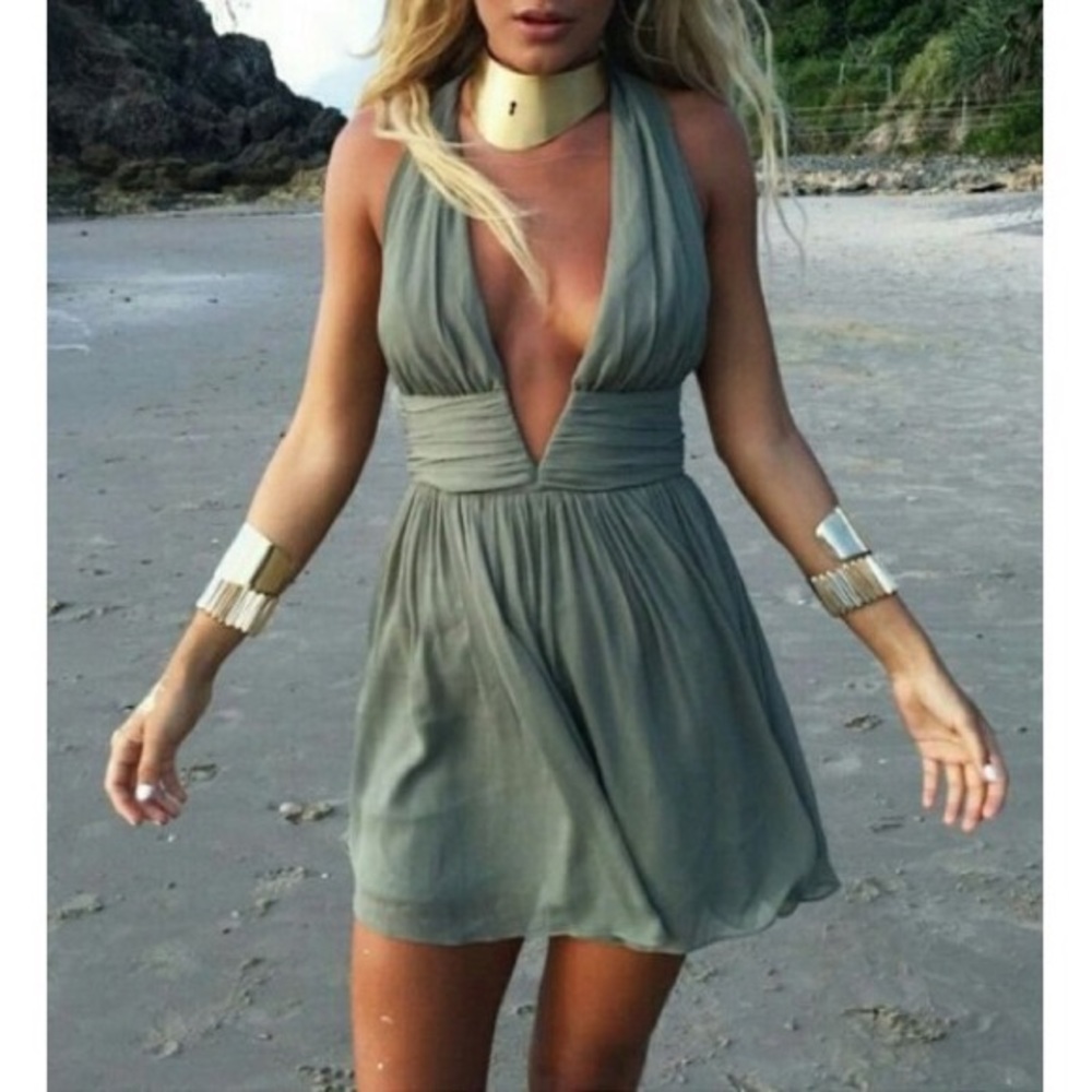 NWT olive/sage green deep plunging skater dress