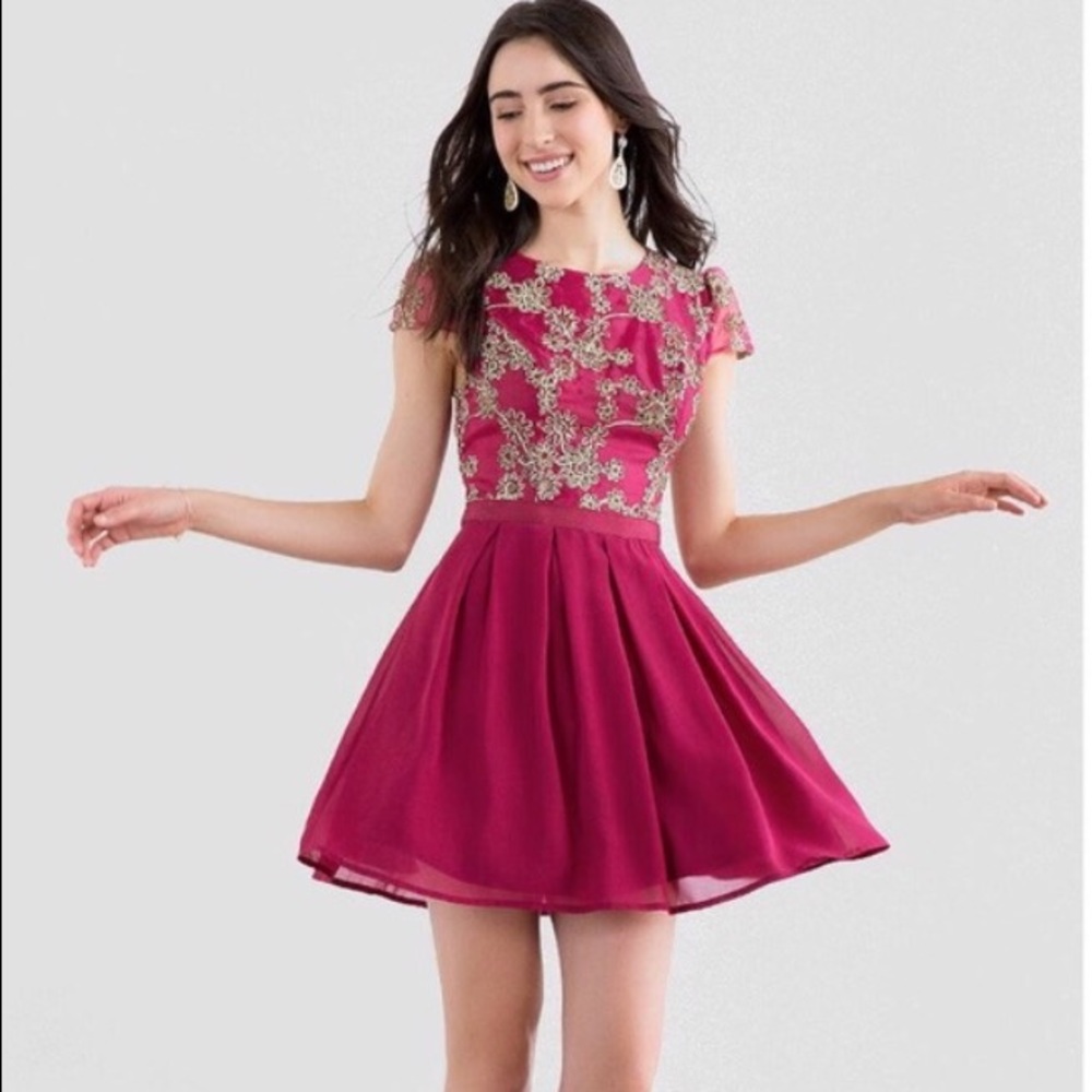 Francesca's rose dress w/ gold flower embroidery.