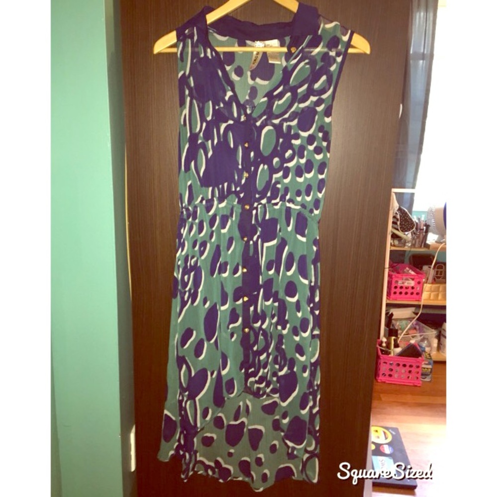 Blue and green patterned high-low dress