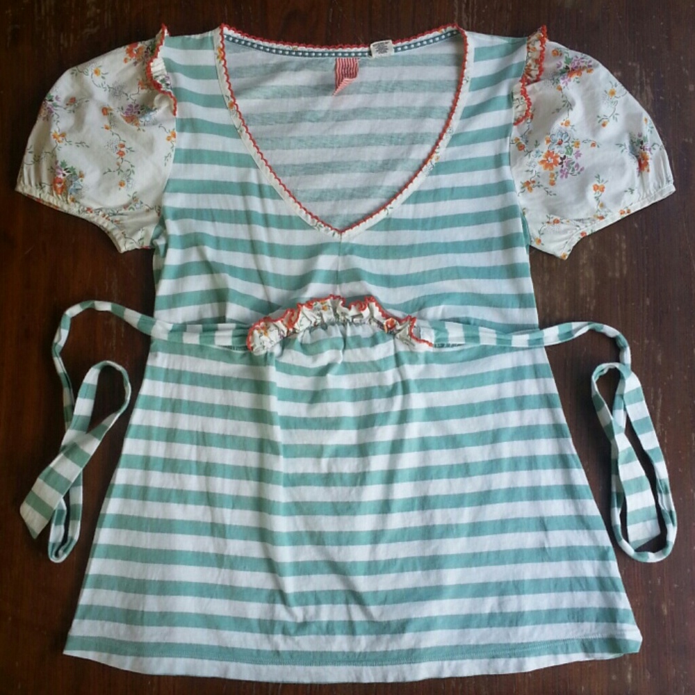 Anthropologie Mixed Media Stripe Floral Top RicRac