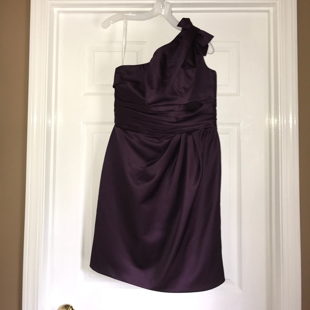 Plum short one shoulder bridesmaids dress