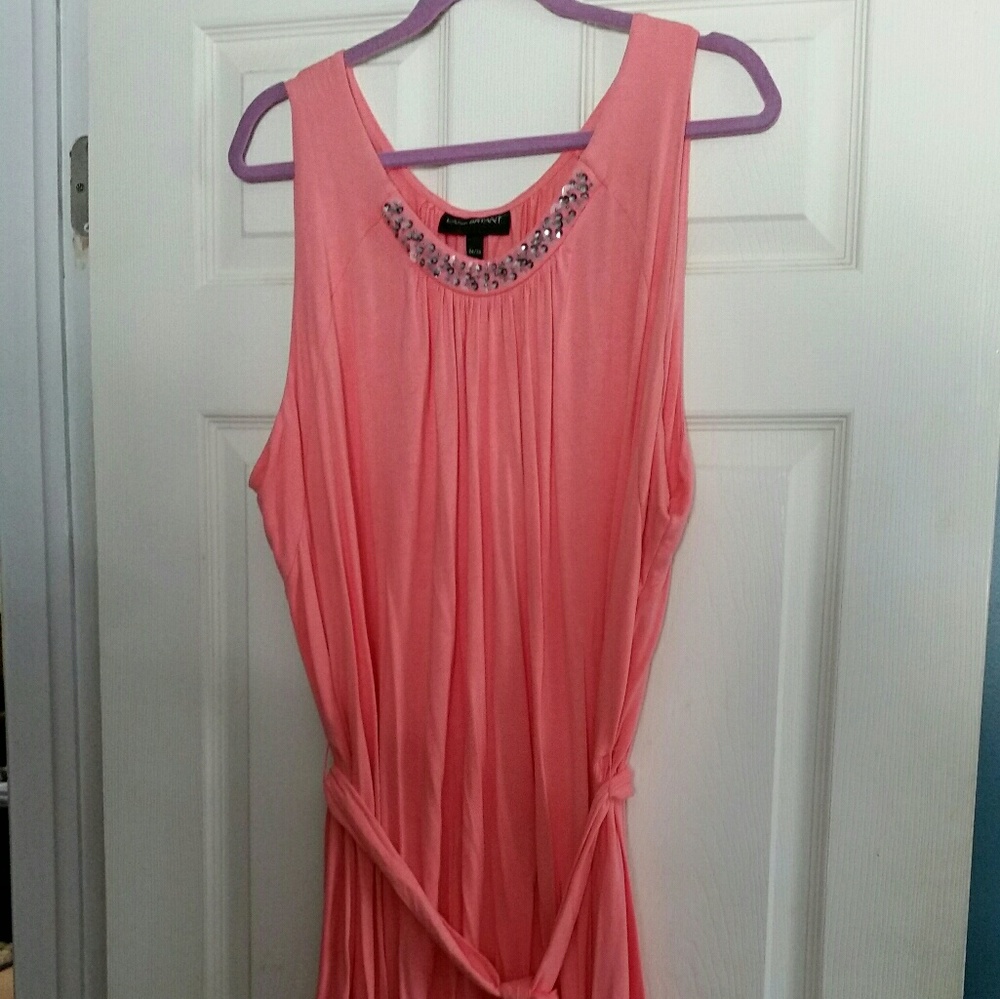 Coral summer dress with neckline embellishments