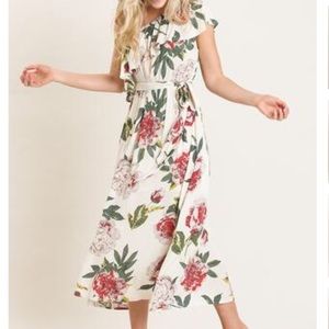 Beige One Shoulder Floral Midi Dress