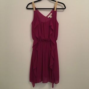 Magenta Flowy Ruffle Dress with Woven Gold Straps
