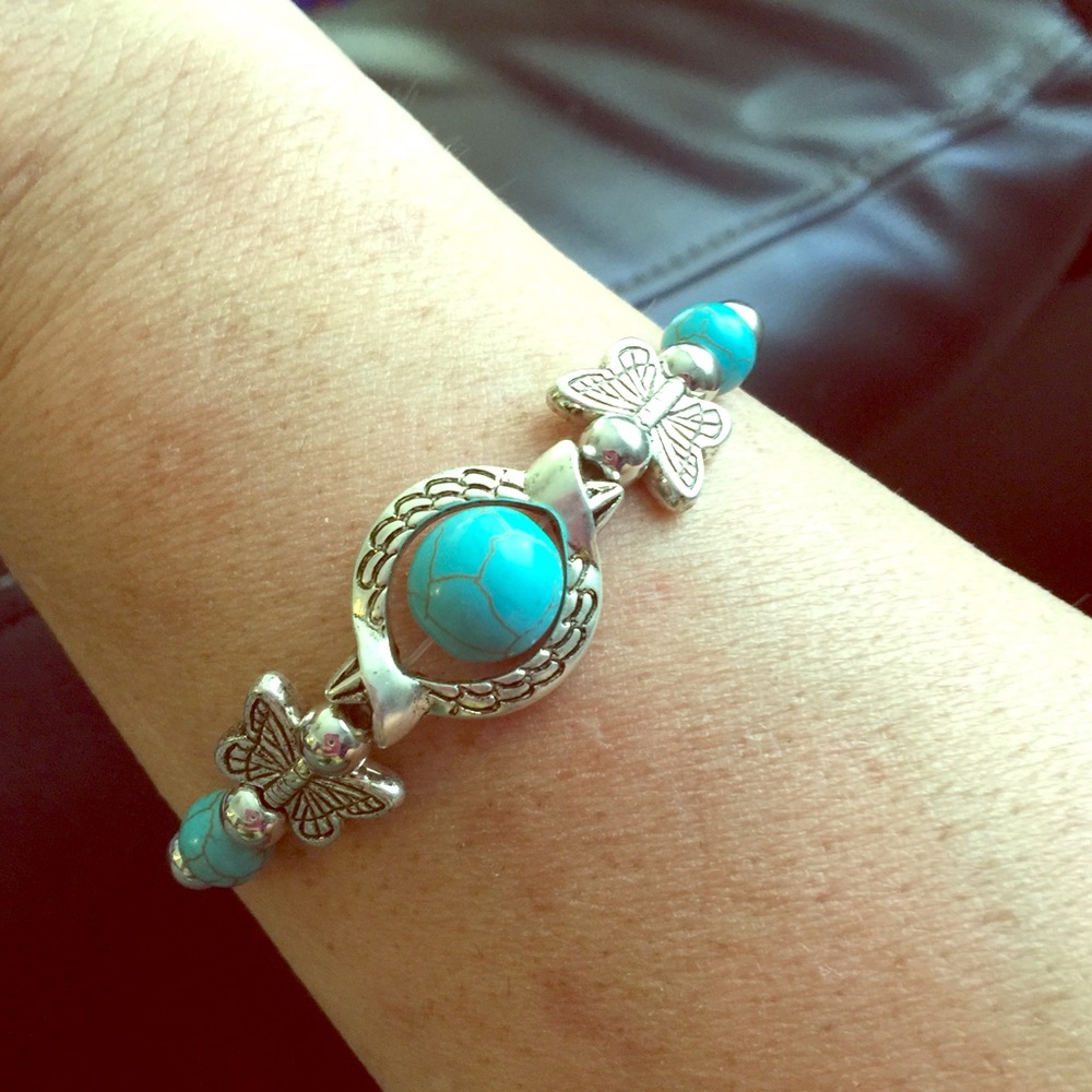 Butterfly Turquoise Silver Plated Bracelet
