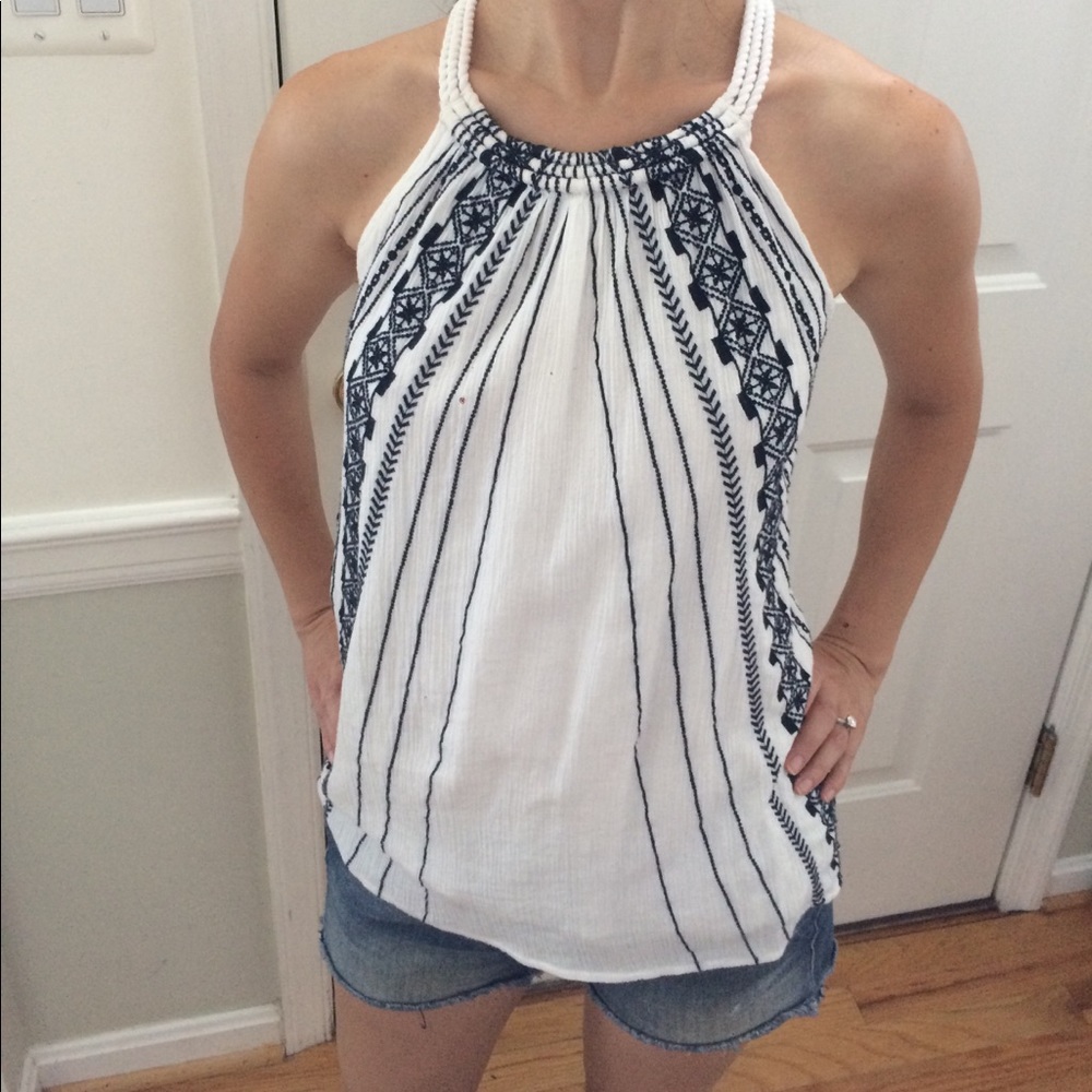J crew factory embroidered top white & navy blue