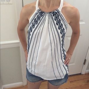 J crew factory embroidered top white & navy blue