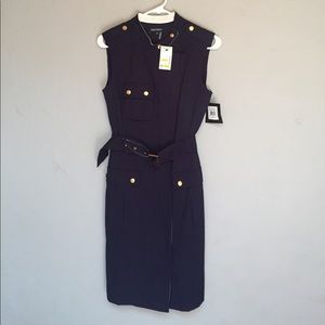 Ellen Tracy navy military style midi belted dress