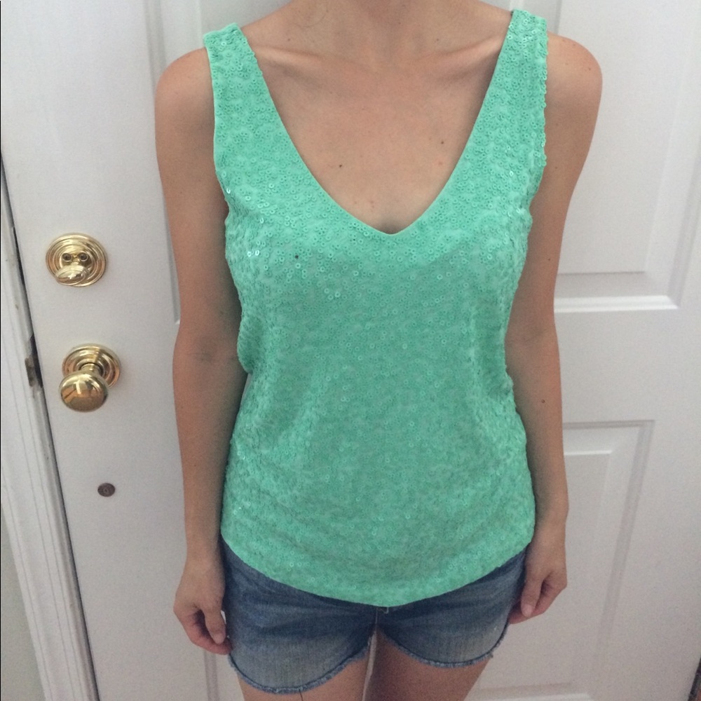 J crew seafoam green sequin top low v neck