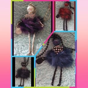 FAUX FUR & RHINESTONE LADY PENDANT. STATEMENT NECKLACE with PEARL ACCENT