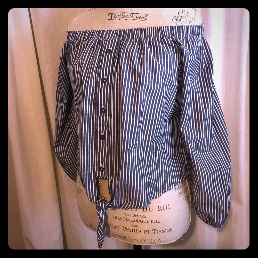 Off The Shoulder Pin Stripped Button Up Top