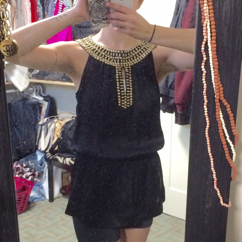 Silky Black Tunic with Gold beaded Neckline