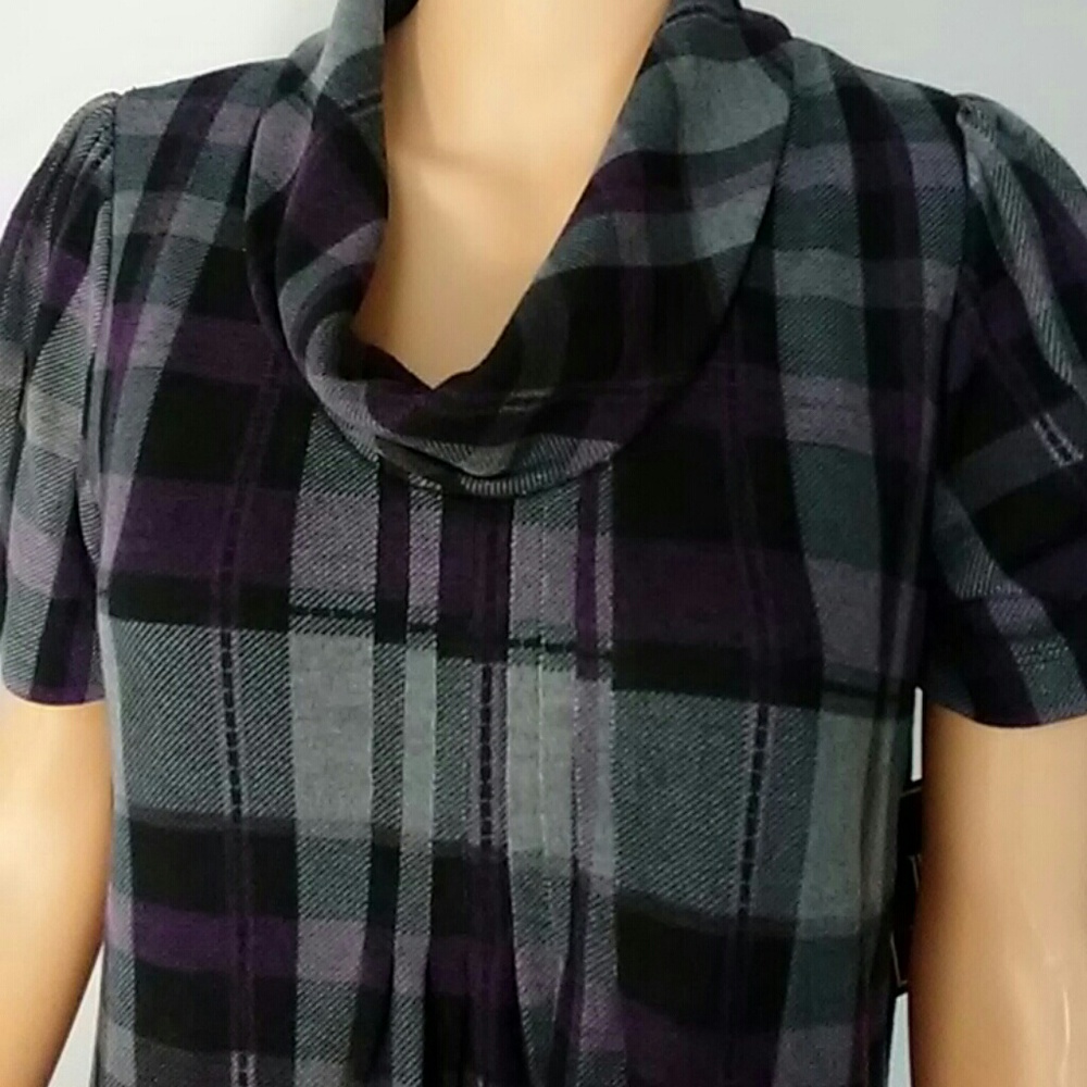 JH PM Women's Purple Grey Black Plaid Shift Shirt