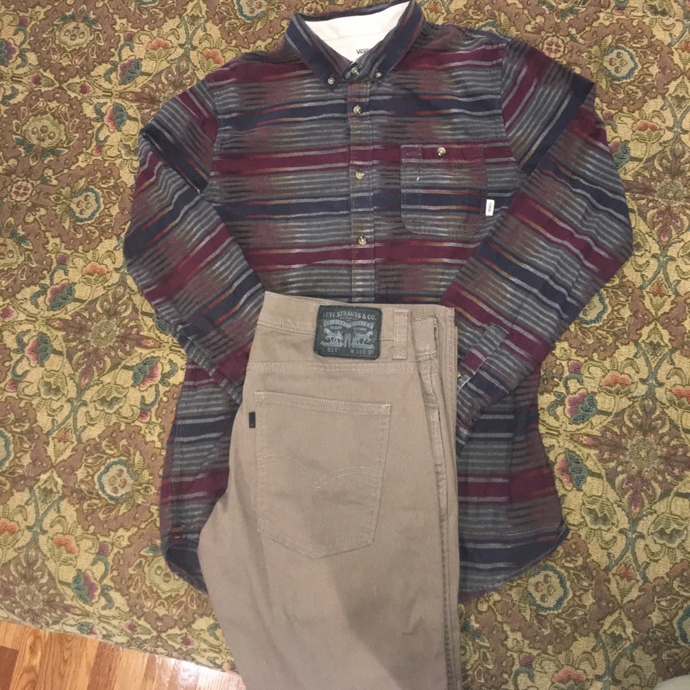 Vans button down and Levi's brown jeans
