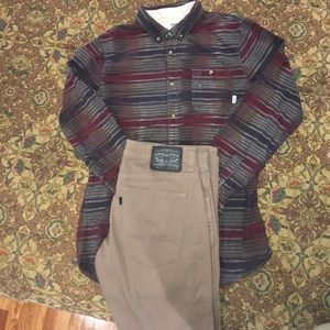 Vans button down and Levi's brown jeans