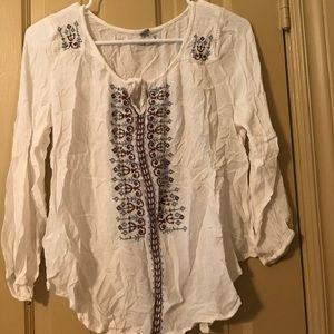 White peasant blouse with purple/blue embroidery