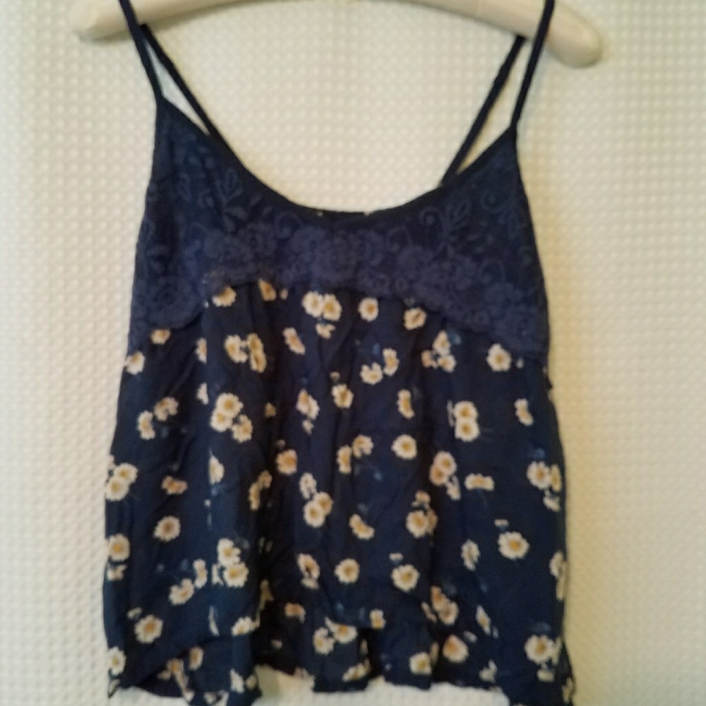 Hollister Crop Tank Blue w/ White & Yellow Flowers