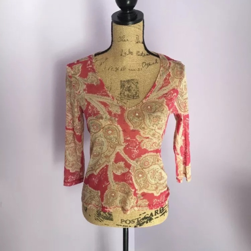 Red/Tan Paisley Print Sheer 3/4 Length Top The Limited Size M w/Rhinestones