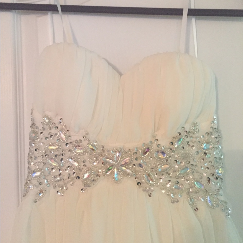 formal white strapless dress