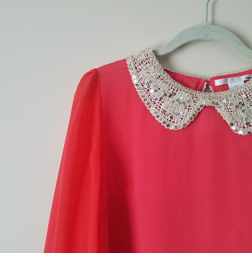 sequined Peter pan collared coral Top
