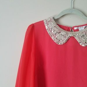 sequined Peter pan collared coral Top