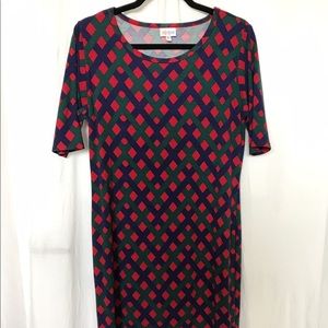Large LuLaRoe Julia - red, green, blue print