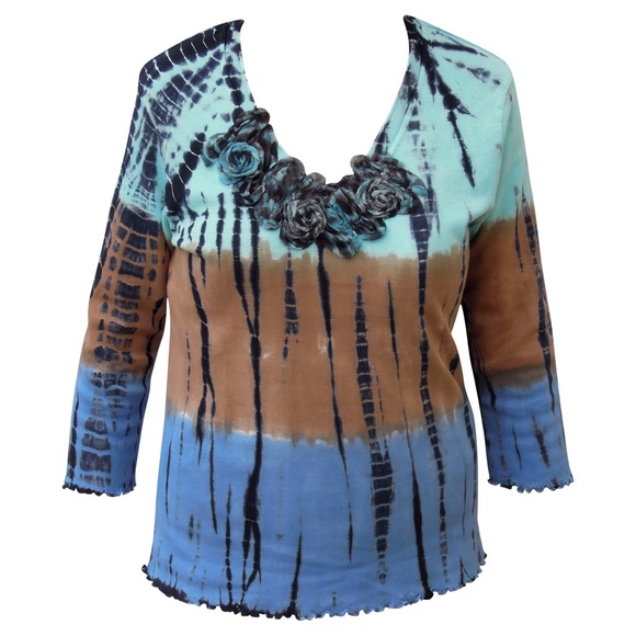 "Nature Art" V neck  chiffon flower tie-dye top - Picture 1 of 2