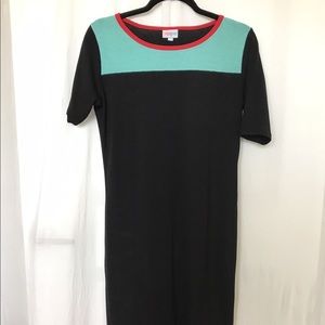 LuLaRoe Julia Black/Teal/Bright Orange Large Dress