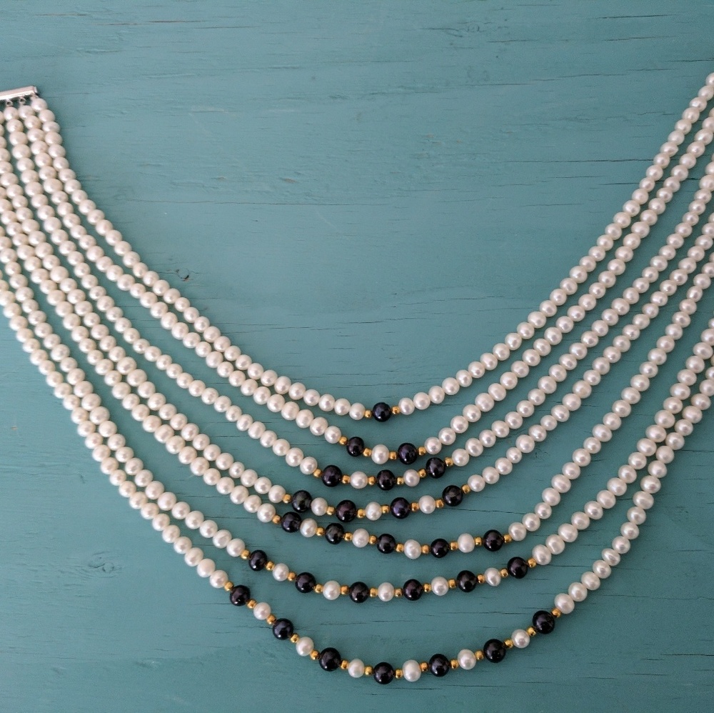 Multi strand White and Black Pearl Necklace