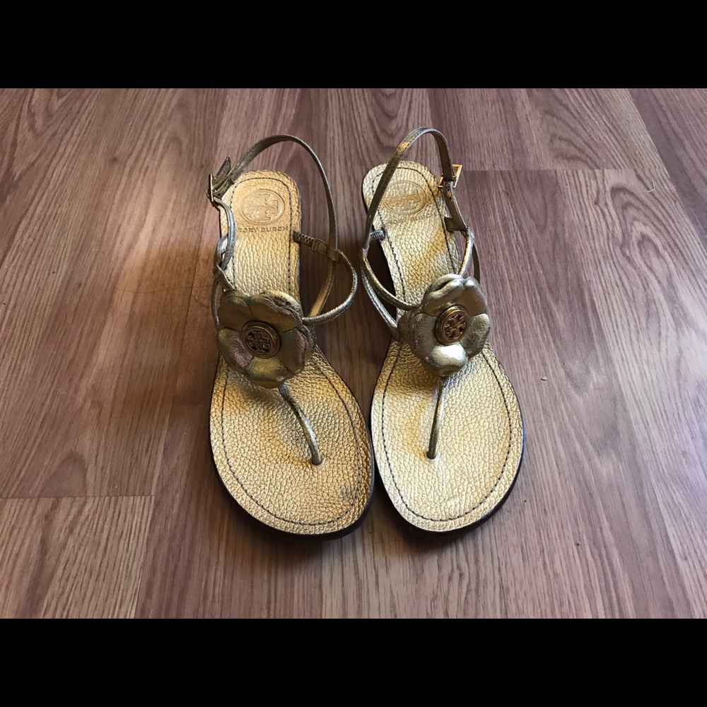 Gold Tory Burch flower sandals