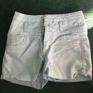 very high waisted light blue shorts