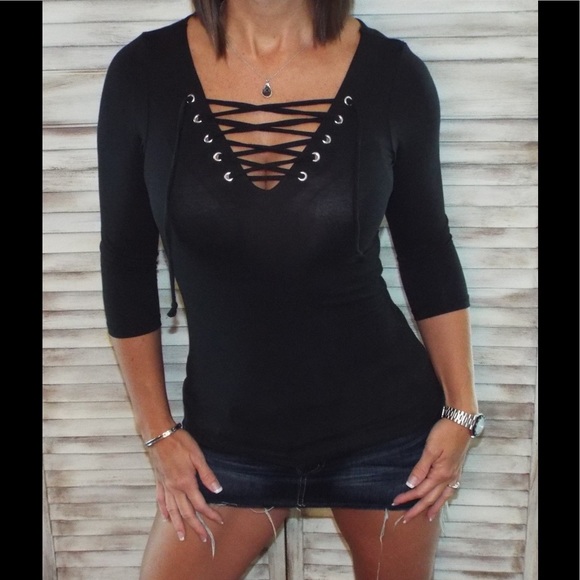 Tops - Lace Up Tie Top Black 1417