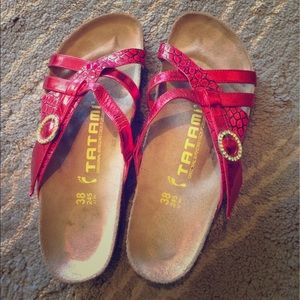 Red and tan Leather Tatami Birkenstock Sandals