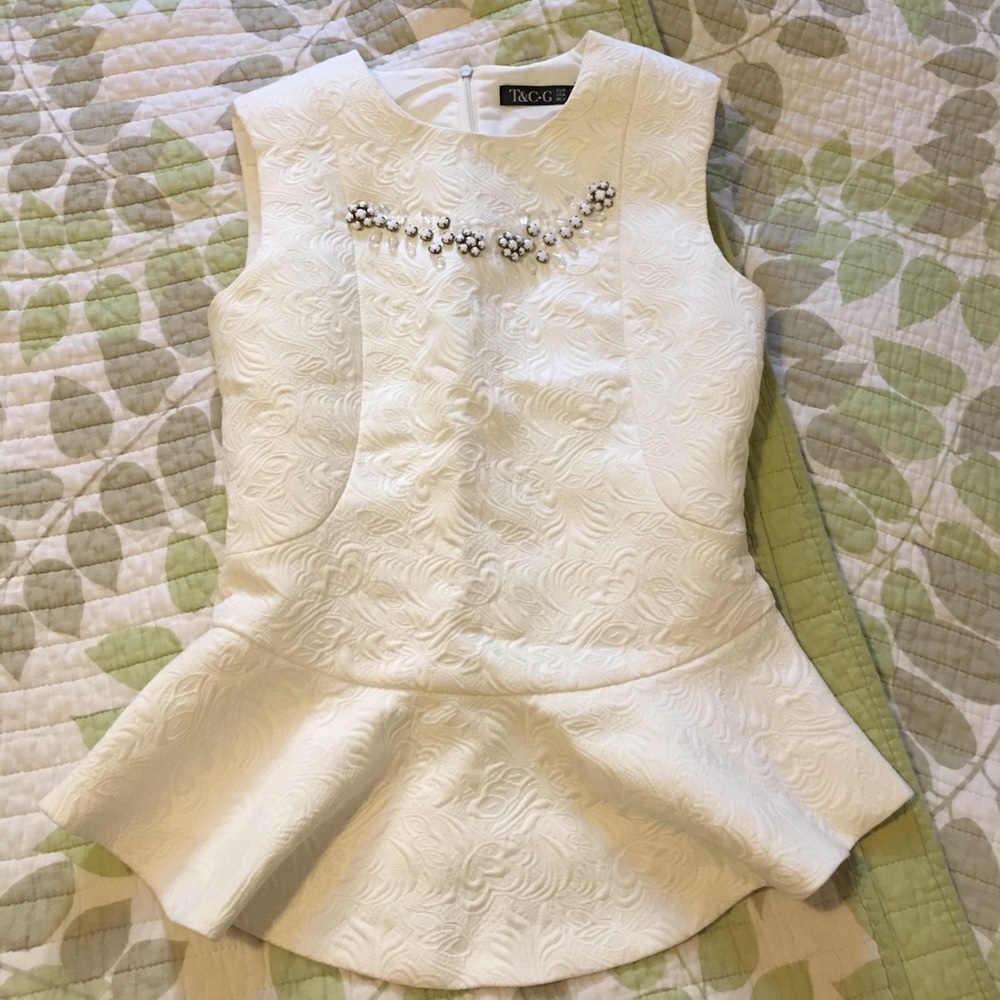New Sz S ( 0-2) white jacquard peplum top - Picture 1 of 6