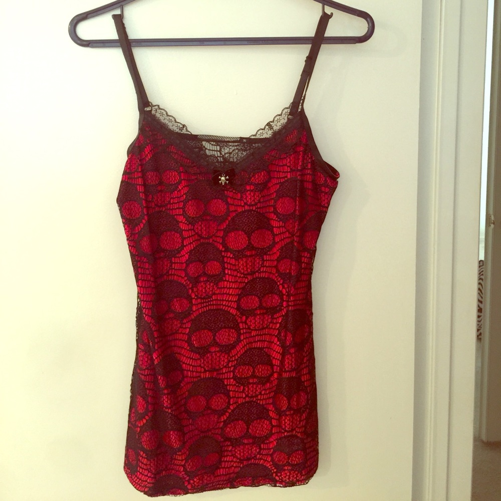 Red tank top with black lace skulls
