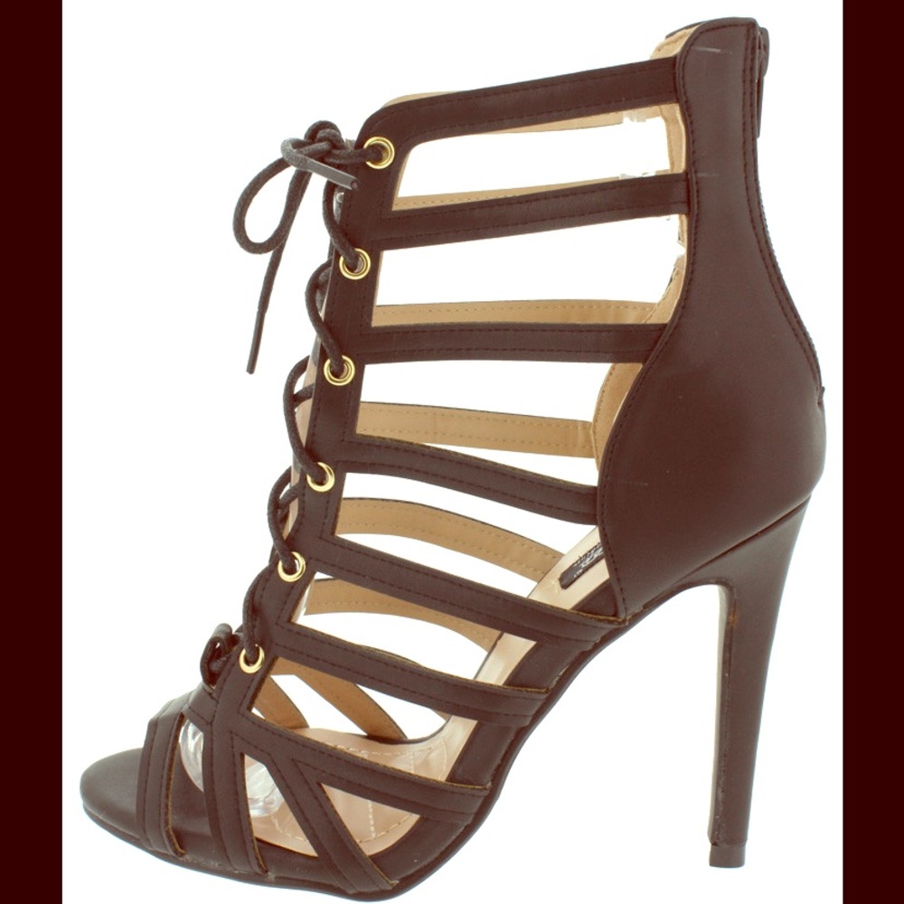 Black Lace-up Caged Sandal with Stiletto Heel