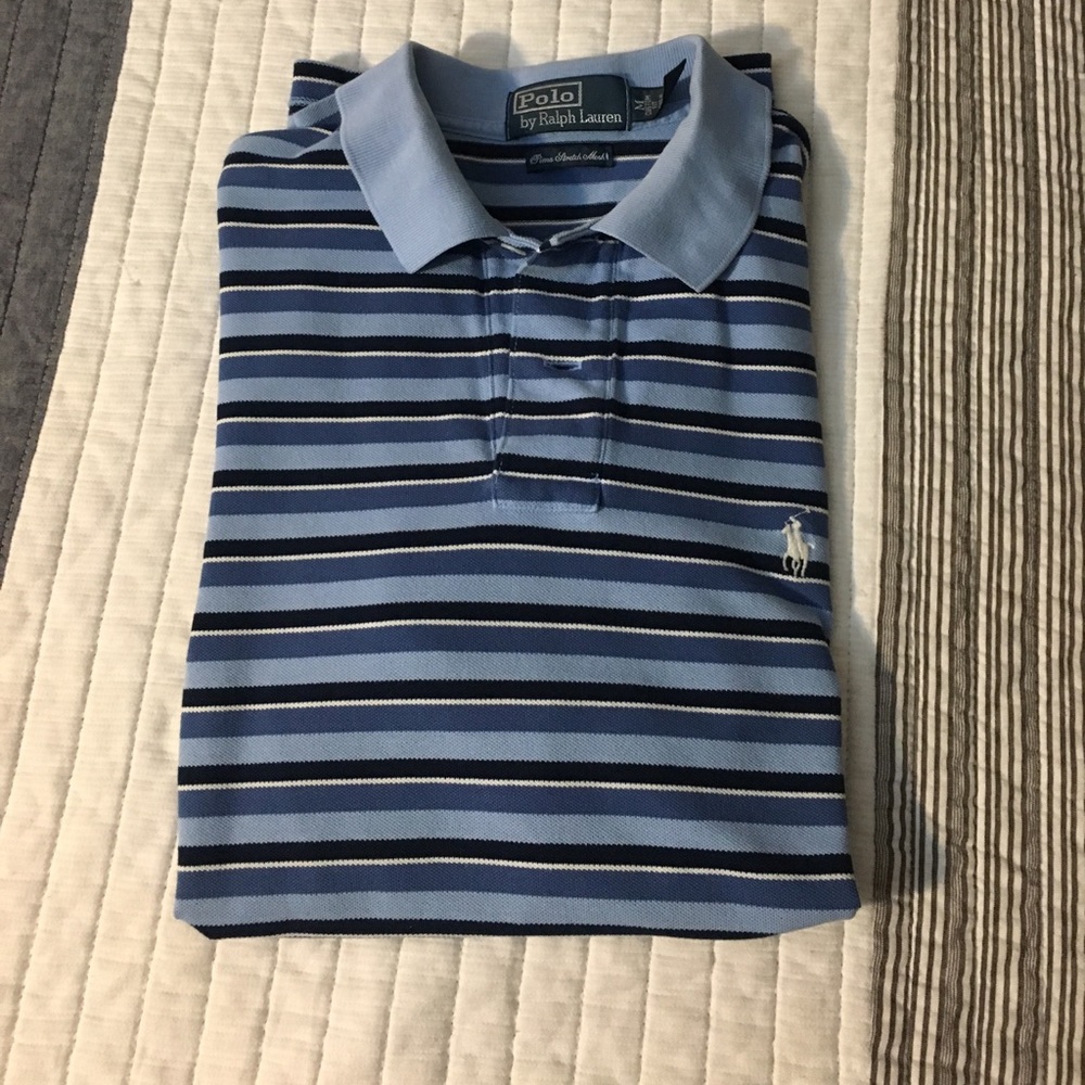 Blue and white striped polo