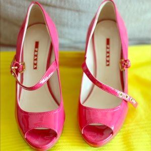 PRADA New Woman Pink Patent Leather Straw Wedge