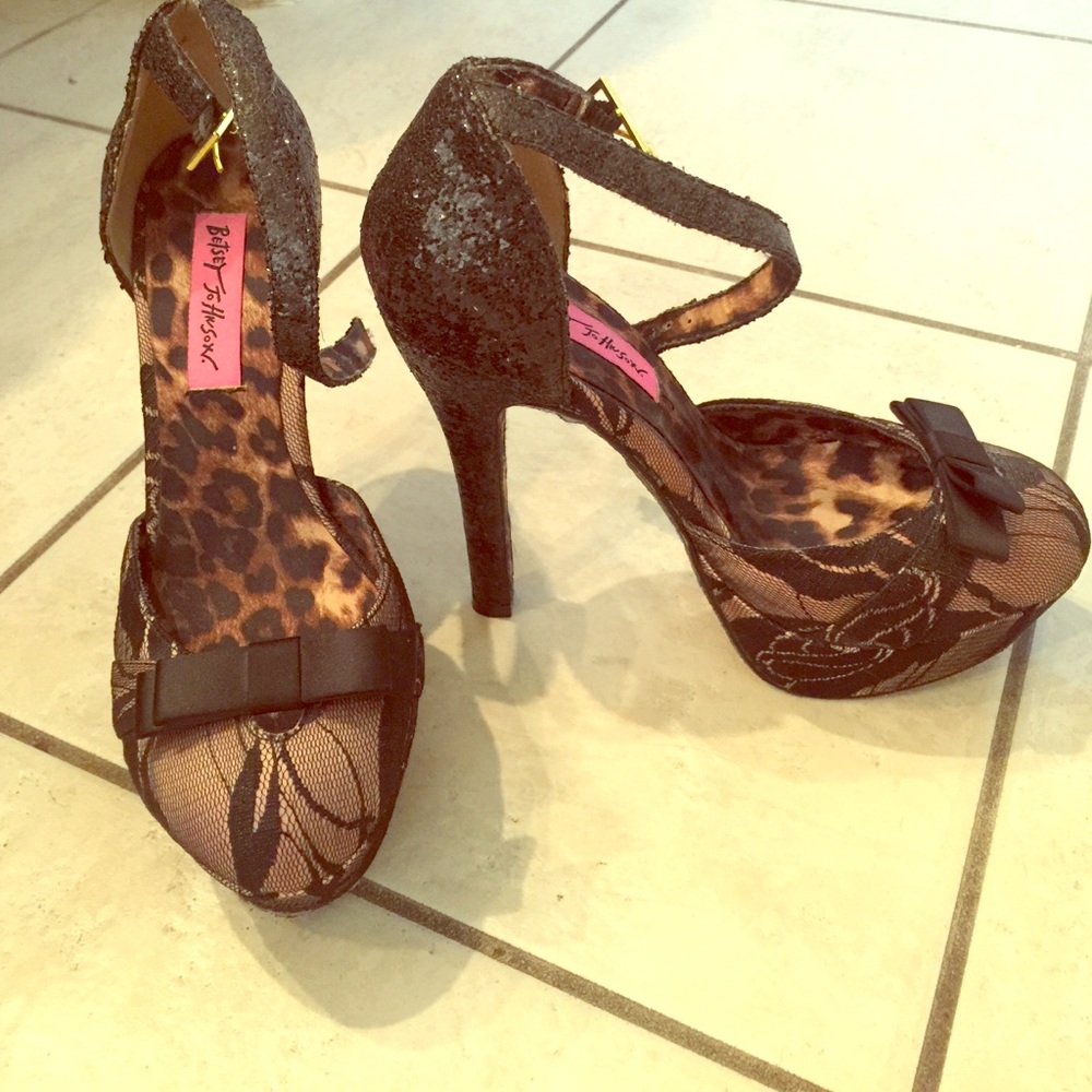 Betsey Johnson lace and glitter platform heels