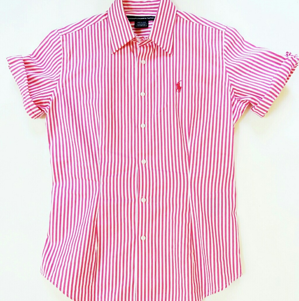 RL Womens Short Sleeve Button Down Pink/White