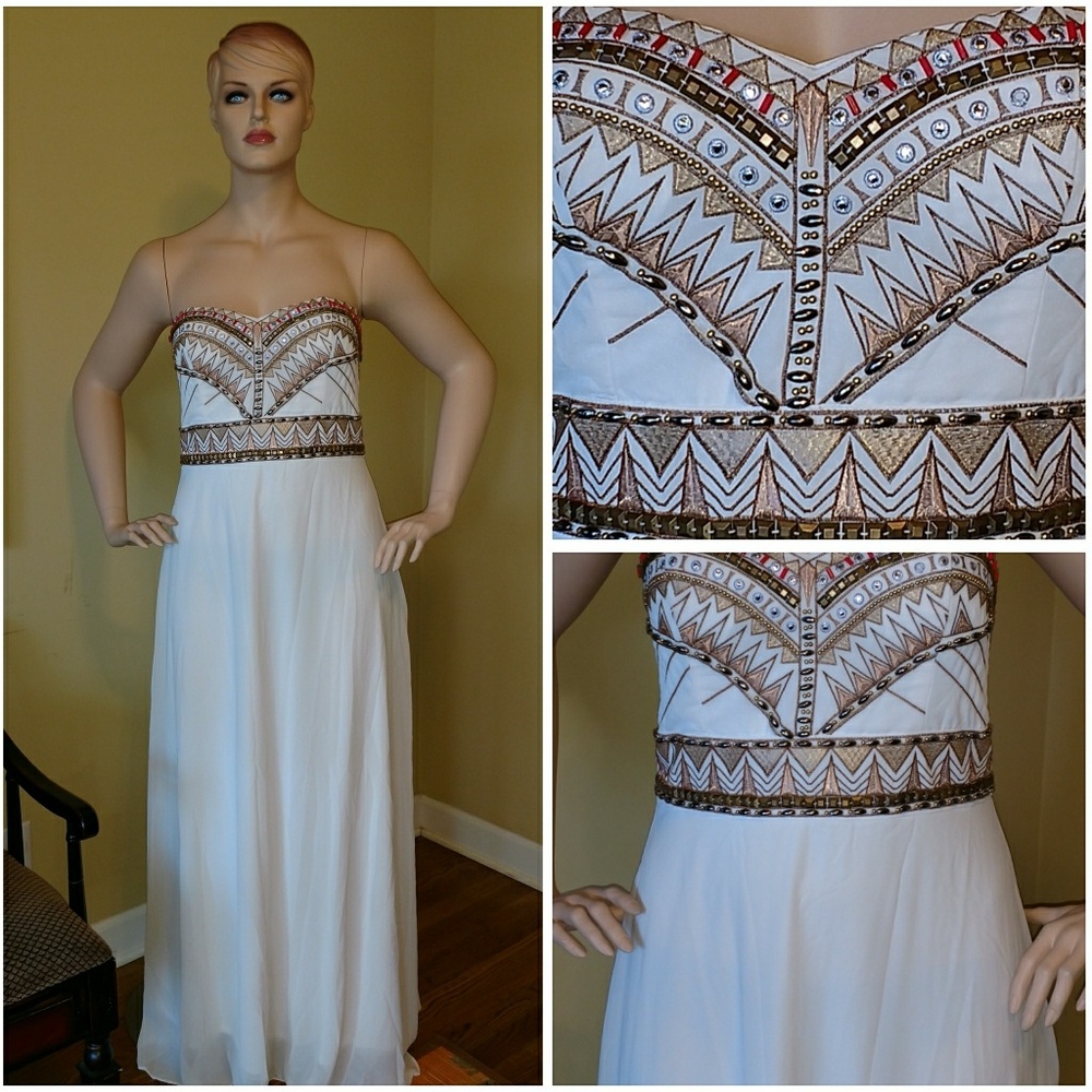 Cream strapless beaded and embroidered maxi dress.