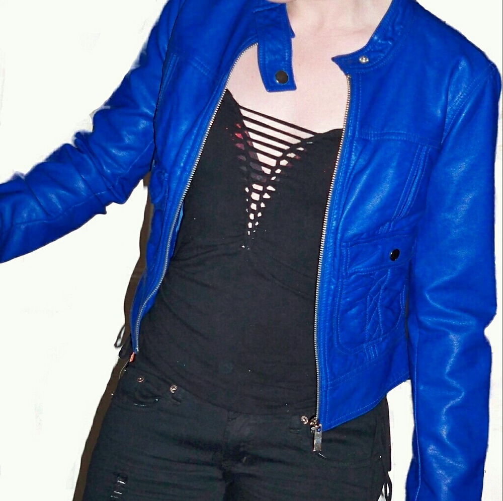 Bebe Womens Faux Leather Biker Jacket Blue